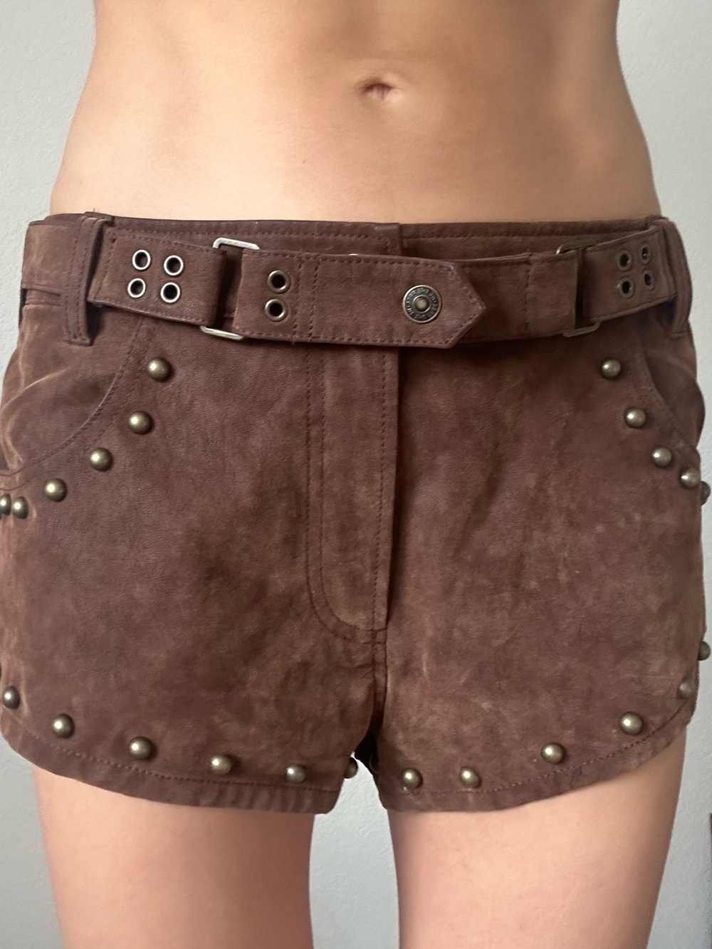 Free People Brown Suede Studded High-Waist Shorts with Belt